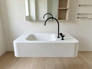 Lavabo de Baño Integrado de Piedra Artificial Personalizado OEM, Mueble de Baño de Superficie Sólida Acrílica con Ranura de Drenaje para Hotel o Villa - Product Image 5