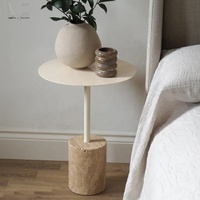 Salon moderne Table d'angle ronde en métal blanc Basse En Travertin Beige Nordic Chevet Canapé Côté Table basse en travertin