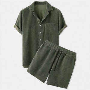 新款休闲男士夏季套装2件套灯芯绒男士短裤和衬衫套装服装 - Product Image 1