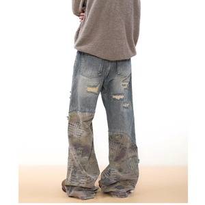 Pantalon en jean camouflage bleu patchwork déchiré et <span class=keywords><strong>troué</strong></span> pour homme, style camouflage, avec empiècements, délavage acide bleu clair, prix abordable, personnalisable - Product Image 4