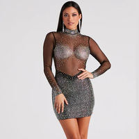 Robe de soirée transparente en maille ornée de strass de luxe pour femme, ultra courte, noire, sexy, pour boîte de nuit
