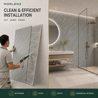Panel Dinding SPC Motif Batu Abu-abu MORLENX Format Besar Tahan Air untuk Pelapis Dinding Villa, Kantor, dan Interior Komersial