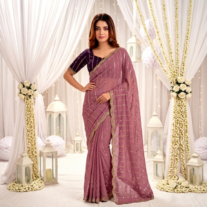 <b>Purple</b> Georgette Silk <b>Saree</b> Sequin Embroidered Traditional Indian Wear for Wedding Party Women Sun Protection All Seasons - Product Image 1