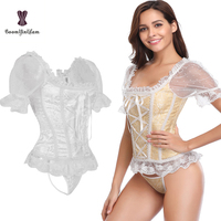 Costume Steampunk pour femme, chemise à pois noir et blanc, gaine de poitrine, corset à baleines en satin à dentelle florale avec manches, grande taille