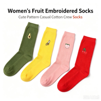 Chaussettes en coton pour femmes avec broderie de fruits, motif de fruits mignons, chaussettes mi-mollet décontractées, logo personnalisé OEM, couleur et motif personnalisés