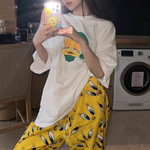 Femmes été maison pyjamas costume court long blanc petit canard jaune fleur jaune pantalon pyjamas ensembles de vêtements de nuit - Product Image 5