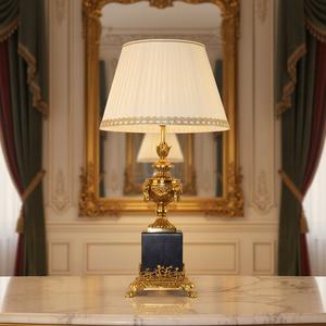 Jewellerytop Europäische Luxus-Tischlampe für Zuhause, Hotel-Nachttischlampe im französischen Retro-Stil aus Goldmessing mit Stofflampenschirm - Product Image 5
