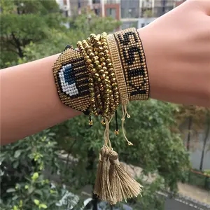 Pulsera de cuentas de semillas de Miyuki hecha a mano de alta calidad Moyamiya, brazaletes, conjunto de joyería para mujer con conjuntos de joyería de borla, oro de 18K, 2017