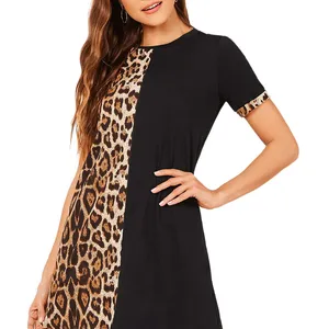 Factory Price Women's Short Sleeve Color Block Leopard Full Print Tunic Dress Short Sleeve Knit Dress Elegant Knitted Dresses