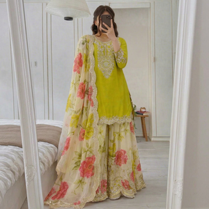 Embroidered Floral Heavy Chinon Silk Traditional Salwar Kameez Set Women Anarkali Dress <b>Net</b> Palazzo Dupatta Wedding Diwali Party - Product Image 1