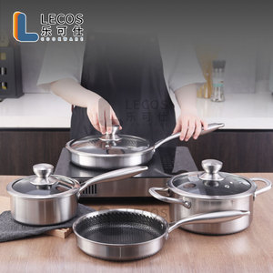 LECOS Heavy Duty Honeycomb Induction Nonstick Tri-ply Pots Pans Hybrid 304 Stainless Steel Non Stick <strong>Cookware</strong> Set with Glass Lid