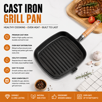 Poêle carrée en fonte pré-assaisonnée avec poignée en bois, grillée, côtelée, pour steak, barbecue, durable, résistante à la chaleur, pour intérieur et extérieur, gaz