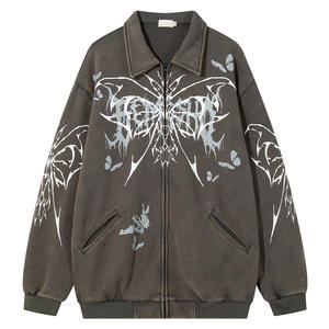 <span class=keywords><strong>Pull</strong></span> cardigan ample à fermeture éclair en molleton doublé avec broderie 3D imprimée papillon de style américain <span class=keywords><strong>vintage</strong></span> pour homme printemps automne - Product Image 2