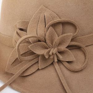 Women Elegant Autumn Winter Wool Felt Cloche <b>Hat</b> Casual Fashion Wool Felt Bucket <b>Hat</b> with Floral Accent - Product Image 5