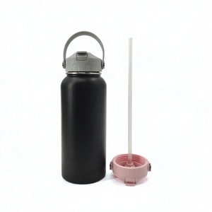 Bouteille isotherme en acier inoxydable noir de 32 oz avec couvercle à paille breveté, poignée à rivets réglable, anti-fuite, pour activités de plein air - Product Image 6