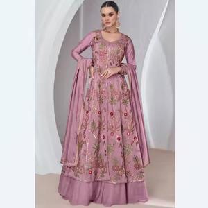Impresionante vestido Anarkali de lavanda polvorienta para mujer con bordado pesado, ropa de fiesta y boda india perfecta Dupatta y Salwar - Product Image 4