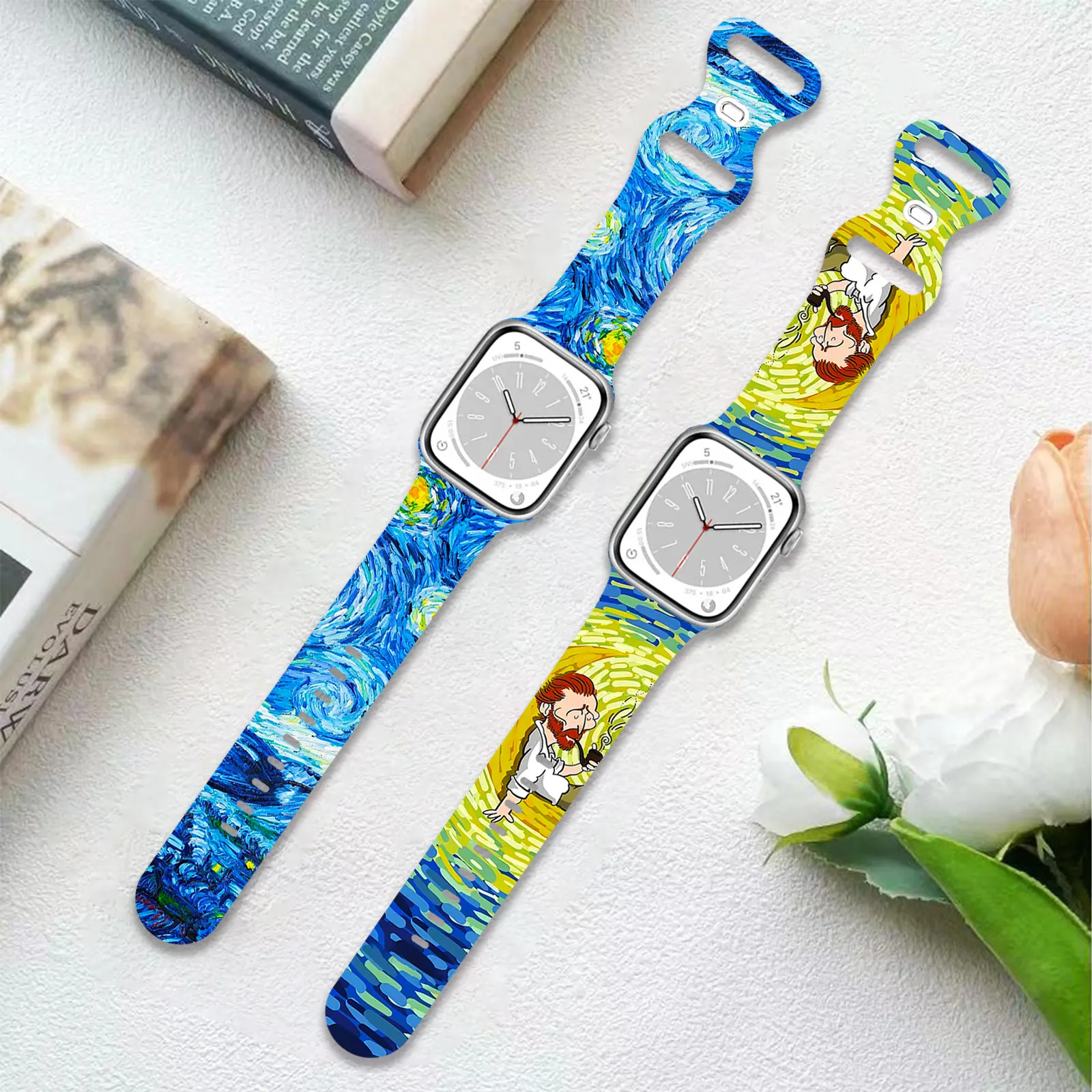 Bracelet en silicone imprimé peinture à l'huile Van Gogh pour Apple Watch Ultra S8 Bracelet de montre universel élégant et confortable