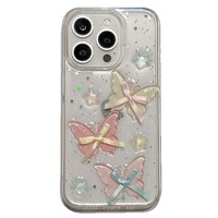 Coque de protection transparente 3D en TPU avec nœud papillon, papillons et paillettes brillantes pour iPhone 17, 16, 15, 14, 13, 12, 11X, XS, 8, 7 Plus – Housse arrière mignonne