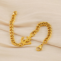 Bracelet chaîne gourmette cubaine vintage en acier inoxydable avec ancre et breloque main Hamsa plaqué or 18 carats