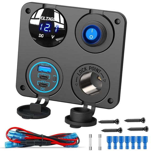 Universal 12-24V Plug Power Outlet Panel with 2x USB-C On/Off Contact Voltage Monitoring for Toyota Camry