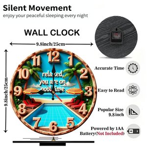 Horloge murale ronde en bois 25x25 cm, silencieuse, sans tic-tac, décoration intérieure, installation facile, design Pool Time - Product Image 5