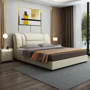 豪华卧室家具真皮木质平台床特大床架套装