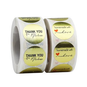 Custom Round Self Adhesive <b>Labels</b> Gold Foil Thank You Homemade With Love Stickers For Gift Craft <b>Packaging</b> - Product Image 1