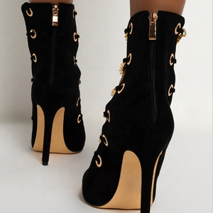 Western Style Zipper Stiletto Women Dress Shoes Metal Chain Decorate Pointed Toe <b>Black</b> Fashion High Heels Women <b>Pumps</b> - Product Image 6