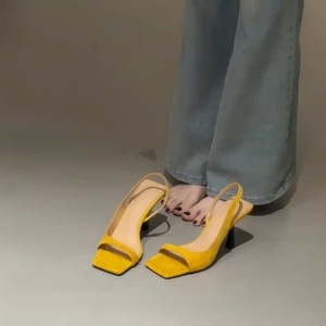 Yellow Faux Leather Open Toe Slingback Heeled <b>Sandals</b> With Stiletto Heel Summer Fashion Women Shoes Drop Shipping - Product Image 5