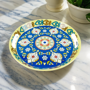 Plateaux de service en plastique de modèle de décalque de <span class=keywords><strong>fleur</strong></span> colorée de forme ronde plateaux de mélamine avec la poignée - Product Image 1