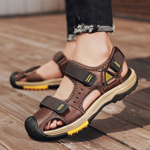 Men's Genuine Leather <b>Sandals</b> Summer Breathable Anti Slip Soft Sole <b>Closed</b> <b>Toe</b> Outdoor Beach Shoes Durable - Product Image 4