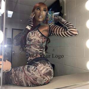 Langarm V-Ausschnitt Bare Midriff Tops Hose mit hoher Taille Damen Sets Mesh Striped Print 2-teiliges Set Damen - Product Image 2