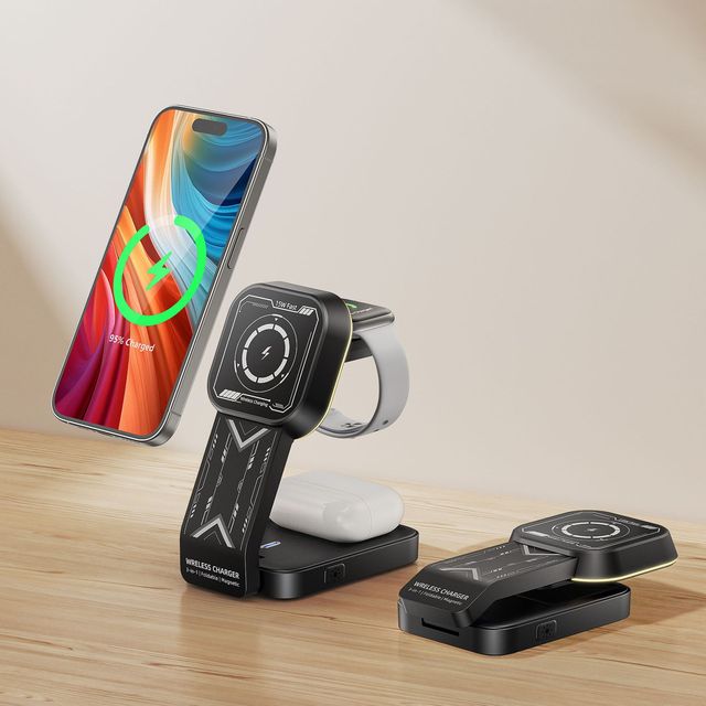 Foldable Magnetic 3-in-1 Wireless Charger with Fast Charging Compatible for Phones Watches Earbuds