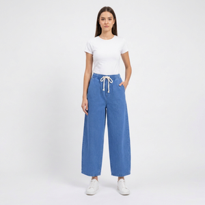 Women's XS Knitted Woven <b>Light</b> Blue Denim Loose Fit Mid Waist Jeans <b>Trouser</b> with Drawstring Right Side Logo Travel-Friendly - Product Image 1