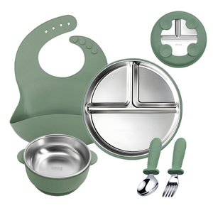 Factory Price BPA Free 6-Piece Stainless Steel Children's Plate Bowl <b>Bib</b> Fork Spoon Food Container Set Suction Cup Manual - Product Image 1