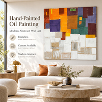 Décoration d'intérieur, peinture abstraite en patchwork, grille, orange, violet, marron, taupe, blocs de tissu matelassé, art mural sur toile pour salon