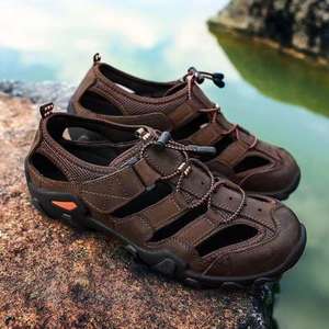 Men's Summer Flat Solid Hollow-out Breathable Non-slip Wear-resistant Comfort Leisure Outdoor Hiking Shoes Elastic <b>Band</b> Closure - Product Image 4
