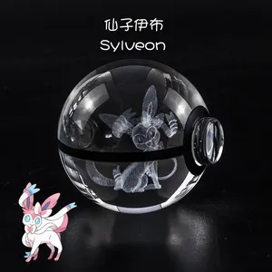 Popular New Design 50mm 80mm Laser Charizard Figuras K9 Crystal Glass Pokmon Ball With Glowing LED Base For Engraving Kid Gift