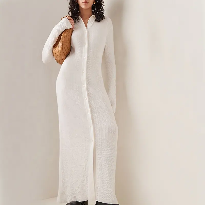 2022 Factory custom fall winter white turn-down collar long sleeved button maxi knit women's sweater dress