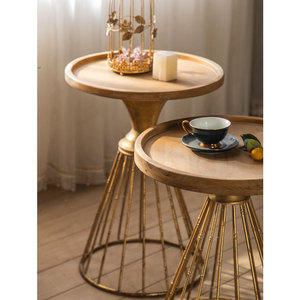 圆形茶几、带金属底座的农舍圆形茶几、复古木质口音边桌 - Product Image 2
