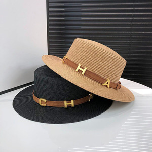 Chapeau de soleil d'<span class=keywords><strong>été</strong></span> à large bord en paille avec ceinture, style boater, chapeau de plage Panama à calotte plate pour <span class=keywords><strong>femme</strong></span> - Product Image 2