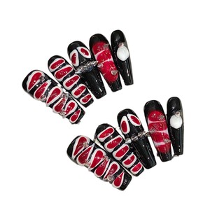 Uñas Postizas Estilo Ataúd, Rojas, Negras y Blancas, Hechas a Mano, Diseño Artístico 3D, ABS Brillante, 10 Piezas, Uñas Postizas Góticas <span class=keywords><strong>para</strong></span> Mujer - Product Image 4