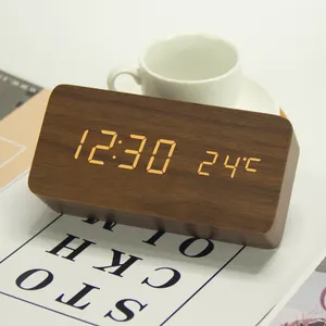 EMAF Wooden alarm desktop clock thermometer digital LED clock with adjustable brightness