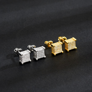 Square Stud Earrings Micro Set Zircon Full Diamond Geometric Cube Design For Men Party Fashion Hip Hop Jewelry - Product Image 1