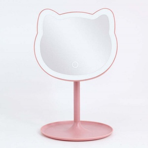 Espejo de Maquillaje con Luz LED, Espejo de Mesa para Baño con Retroiluminación, Diseño de Gato Rosa de Dibujos Animados - Product Image 1