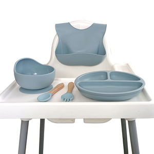 LOW MOQ Toddler Feeding Utensils Food Grade Silicone Strong Suction Bowl Divided <strong>Plate</strong> Washable Bebe Babero Wood Handle Spork - Product Image 4