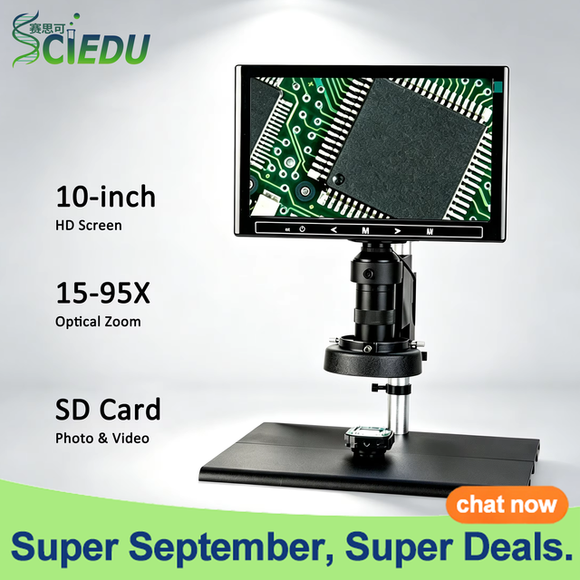 SCIEDU AAMSDT25 10 Inch 1080P Digital Industrial Microscope 15-95X LED Ring Light PCB Repair Electronic Inspection Metal Stand