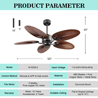 Ventilateur de plafond de style tropical de 52 pouces sans lumière, 5 pales en forme de feuille de palmier, fixation par tige, moteur DC réversible, télécommande APP pour patio