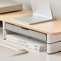 Support double moniteur robuste en bois massif avec pieds en aluminium réglables en hauteur, tiroir réversible et étagère de rangement de bureau