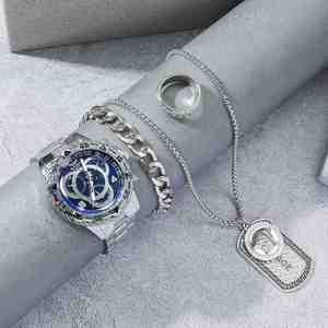 Montre-bracelet à quartz décontractée pour homme FX, grand cadran, trois aiguilles, bracelet en acier, collier, bracelet, bague, cadeau de festival - Product Image 4
